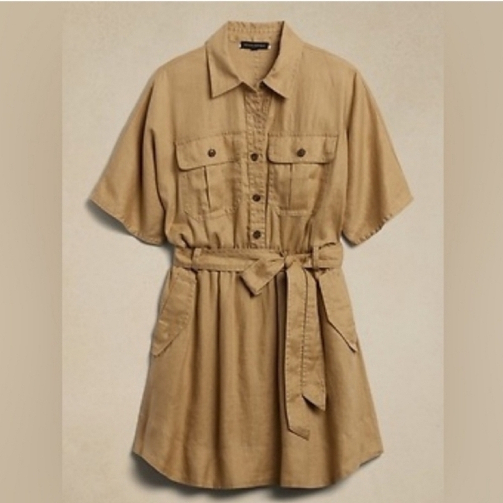 Banana Republic Heritage Linen Utility Shirt Dress Khaki Button Up Medium Tall